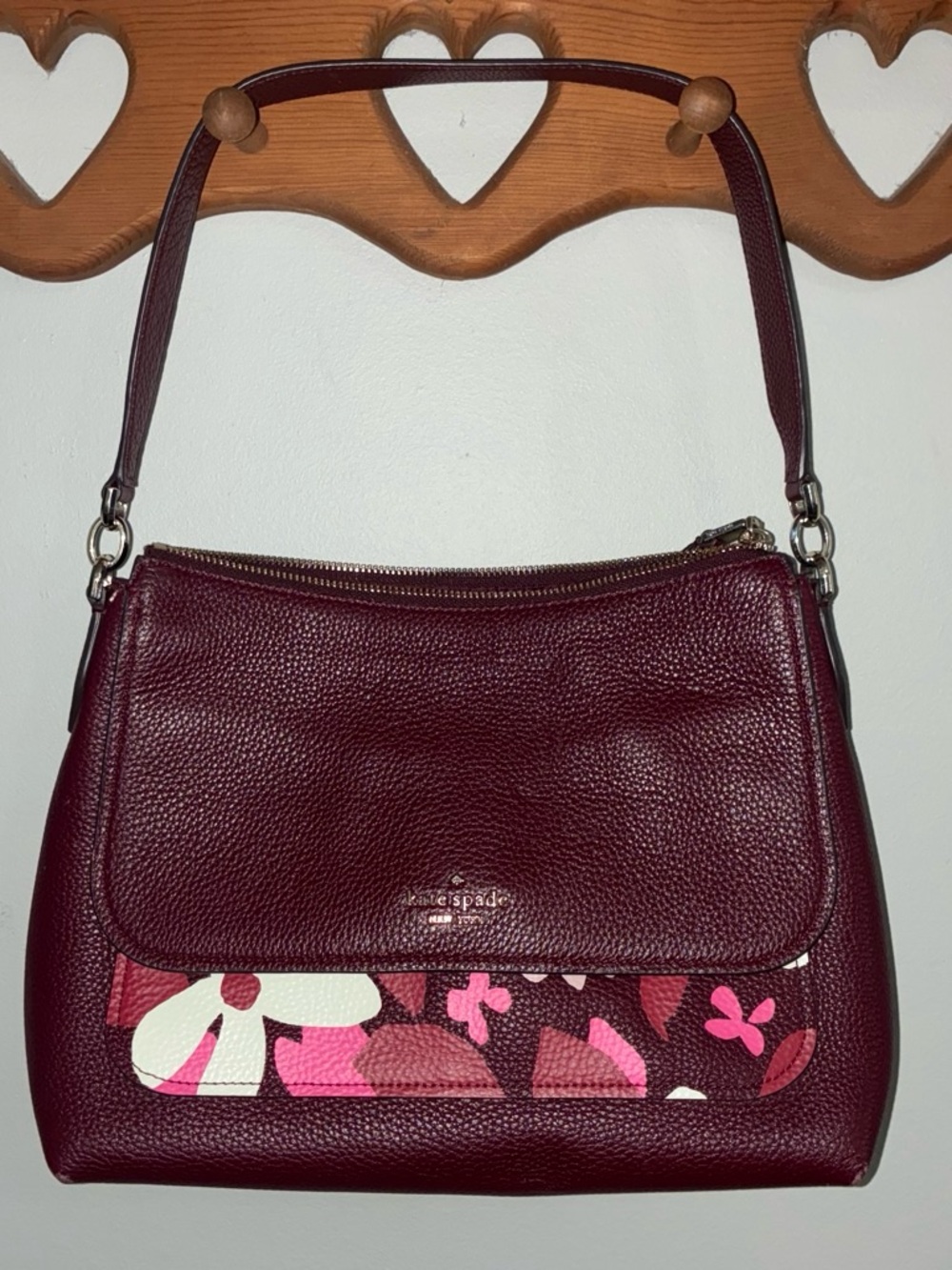 kate spade Pebbled Leather Shoulder Bag in Deep Burgundy with Floral Panel